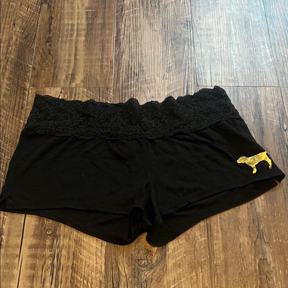 Victoria's Secret Black Lace Waistband Shorts with Gold Dog Logo